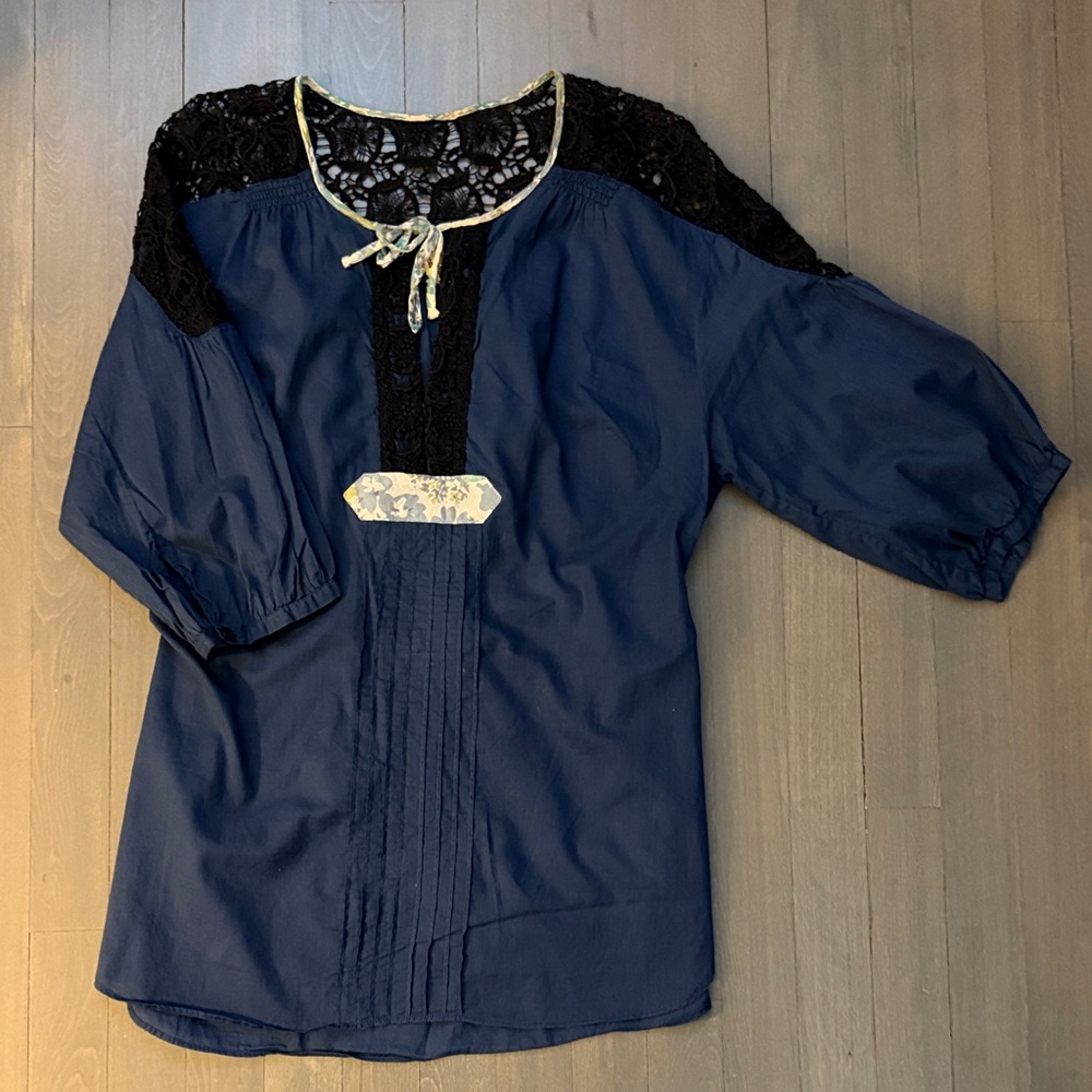 Free People - Navy Blue Blouse/Tunic with Black Lace Detail